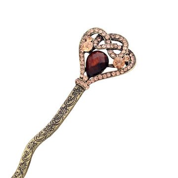 Rhinestone Heart Hair Stick in Antique Brass Finish